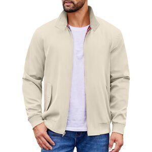 Men's Stylish Beige Fabric Golf Lightweight Jacket Casual Zip Up Coat Collar